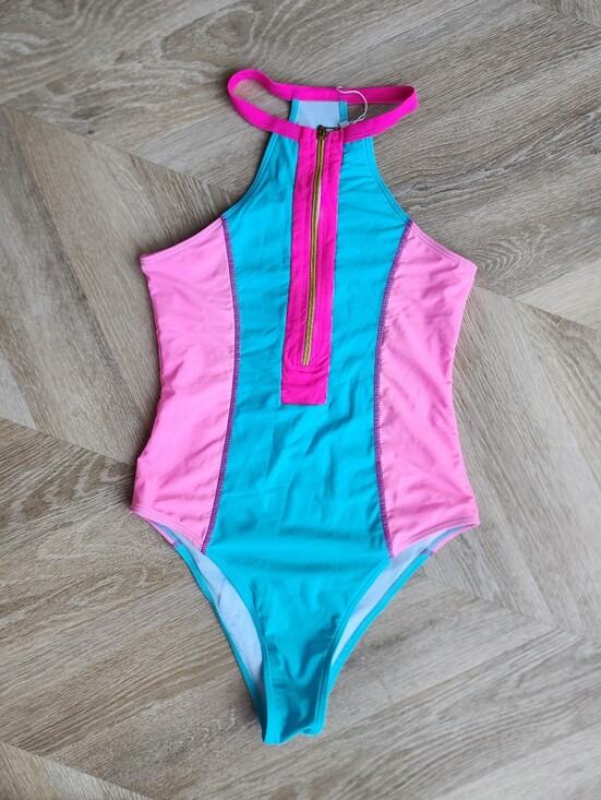 Other - Brand NEW Colorful Zip-Front Swimsuit- Pink & Aqua